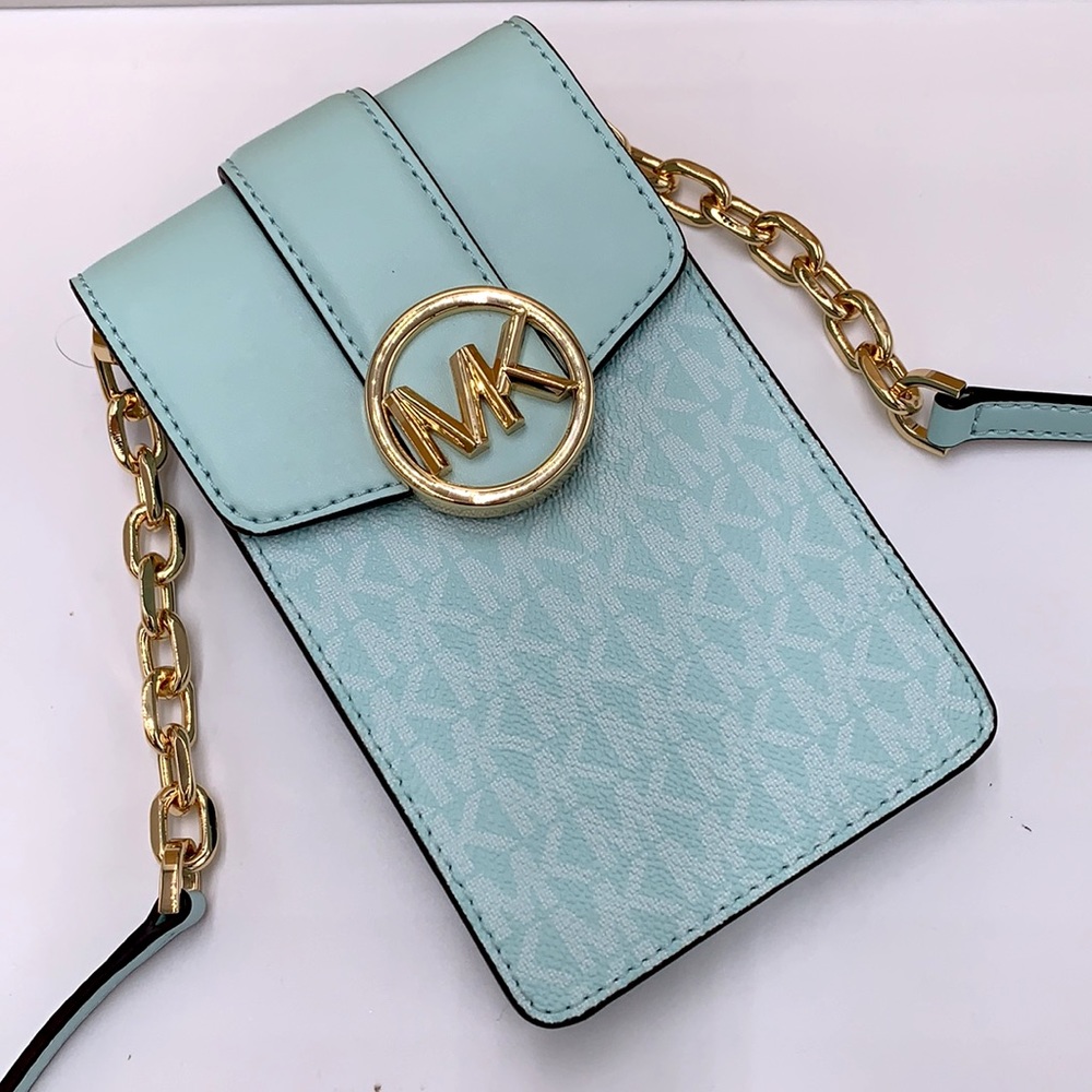 NWT MICHAEL KORS CARMEN SMALL NORTH SOUTH PHONE XBODY FAIR AQUA SIGNATURE COLOR - Picture 5 of 16